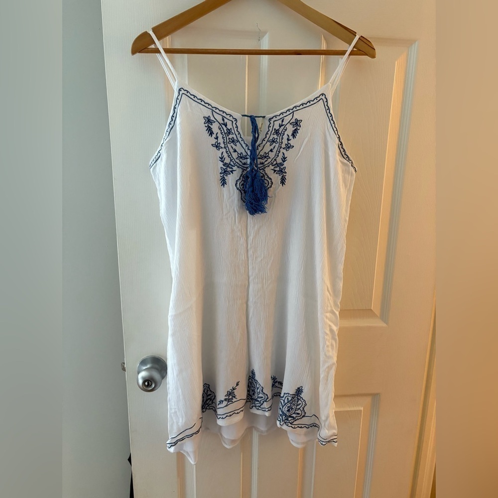 India Boutique one size blue white embroidered cover up dress tassels